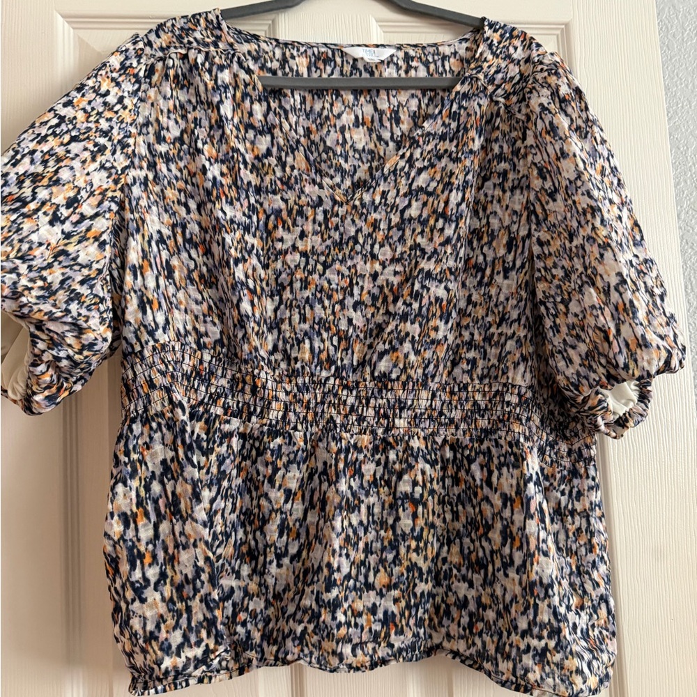Time and Tru Blue and Orange Patterned Blouse